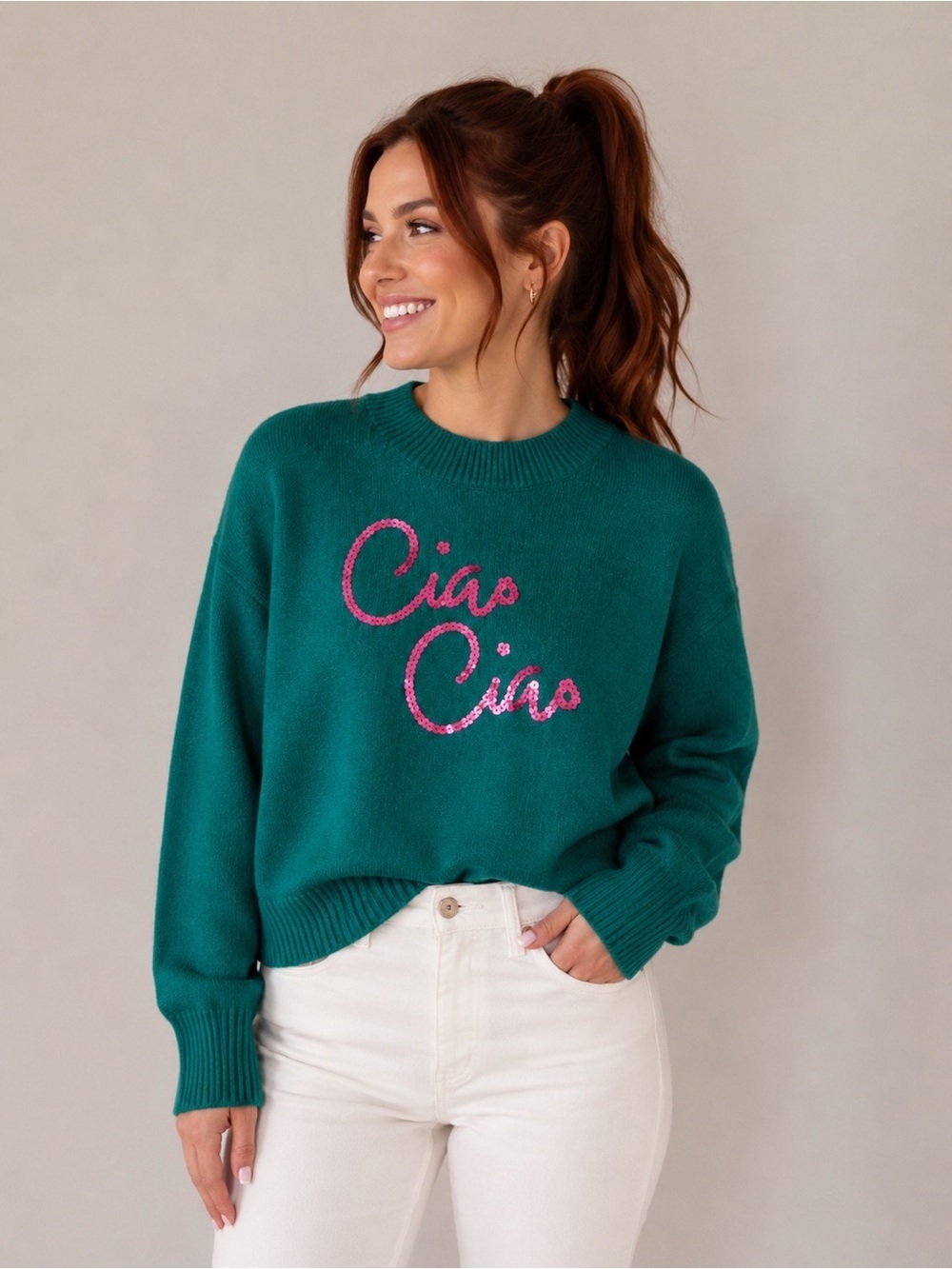 NWT A.New.Day Graphic Sequined Crewneck Sweater Green with Pink Size XS